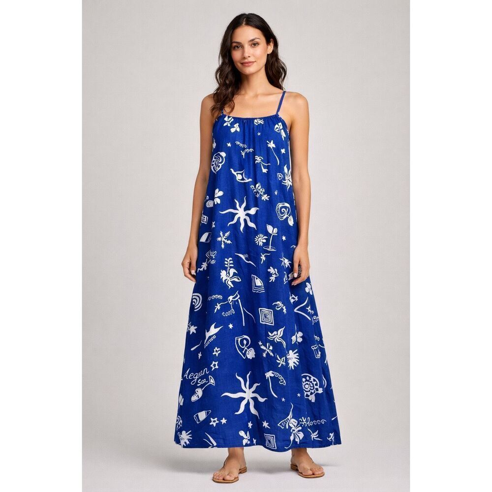 Paper Heart Blue Mediterranean Print Maxi Dress Womens Large Boho